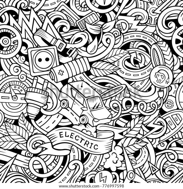 Cartoon cute doodles\
Electric vehicle seamless pattern. Line art detailed, with lots of\
objects background. All objects separate. Backdrop with eco cars\
symbols and items