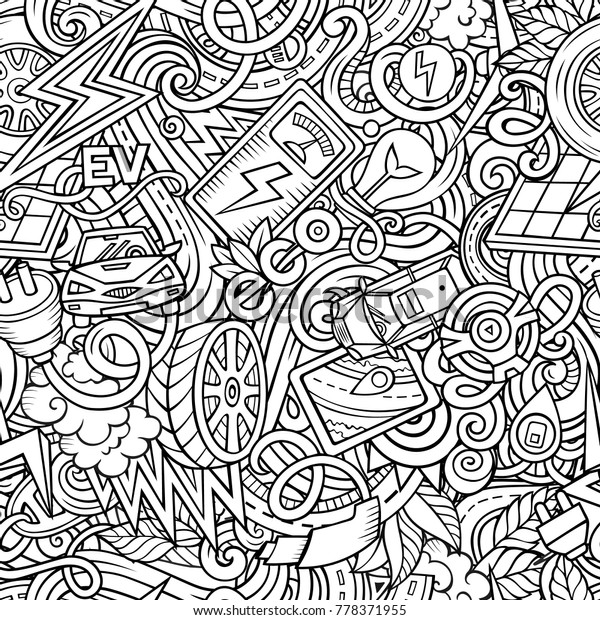 Cartoon cute doodles\
Electric vehicle seamless pattern. Line art detailed, with lots of\
objects background. All objects separate. Backdrop with eco cars\
symbols and items
