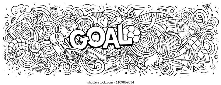 Cartoon cute doodles Goal word. Colorful horizontal illustration. Background with lots of separate objects. Funny vector artwork