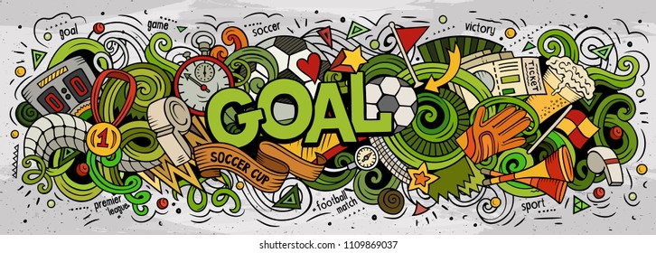 Cartoon cute doodles Goal word. Colorful horizontal illustration. Background with lots of separate objects. Funny vector artwork