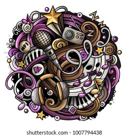 Cartoon cute doodles hand drawn Music illustration. Colorful detailed, with lots of objects background. All items are separate. Funny vector artwork