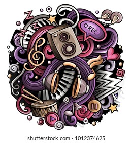 Cartoon cute doodles hand drawn Music illustration. Colorful detailed, with lots of objects background. All items are separate. Funny vector artwork