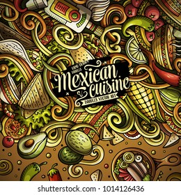 Cartoon cute doodles hand drawn Mexican food frame design. Colorful detailed, with lots of objects background. Funny vector illustration. Bright colors border with latin american cusine theme items