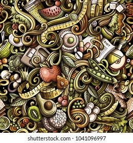 Cartoon cute doodles hand drawn Diet food seamless pattern. Colorful detailed, with lots of objects background. Endless funny vector illustration. All objects separate.