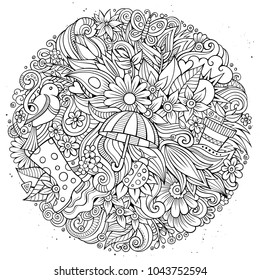 Cartoon cute doodles hand drawn Spring illustration. Line art detailed composition. Lots of objects. Funny vector artwork