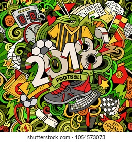 Cartoon cute doodles hand drawn 2018 Football word. Colorful illustration. Line art detailed, with lots of objects background. Funny vector artwork