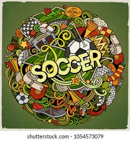 Cartoon cute doodles hand drawn Soccer word. Colorful illustration. Line art detailed, with lots of objects background. Funny vector artwork