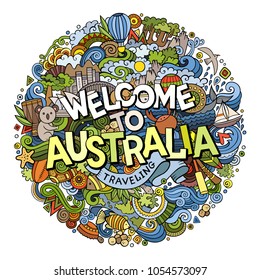 Cartoon cute doodles hand drawn Welcome to Australia inscription. Colorful illustration. Line art detailed, with lots of objects background. Funny vector artwork