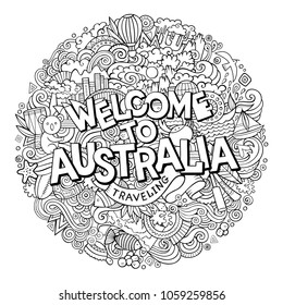 Cartoon cute doodles hand drawn Welcome to Australia inscription. Contour illustration. Line art detailed, with lots of objects background. Funny vector artwork