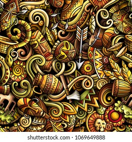 Cartoon cute doodles hand drawn Africa seamless pattern. Colorful detailed, with lots of objects background. Endless funny vector illustration. All objects separate.