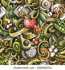 Cartoon cute doodles hand drawn Diet food seamless pattern. Colorful detailed, with lots of objects background. Endless funny vector illustration. All objects separate.