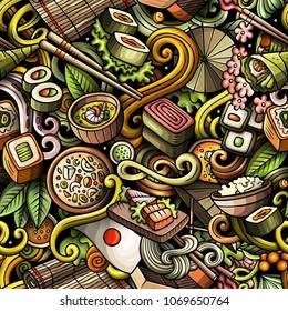 Cartoon cute doodles hand drawn Japan Food seamless pattern. Colorful detailed, with lots of objects background. Endless funny vector illustration. All objects separate.