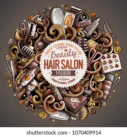 Cartoon cute doodles hand drawn Hair salon vector illustration. Colorful detailed, with lots of objects background. Bright colors picture with barber shop items. All elements separate.