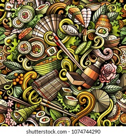 Cartoon cute doodles hand drawn Japan Food seamless pattern. Colorful detailed, with lots of objects background. Endless funny vector illustration. All objects separate.
