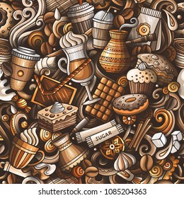 Cartoon cute doodles hand drawn Coffee Shop seamless pattern. Colorful detailed, with lots of objects background. Endless funny vector illustration. All objects separate.