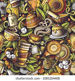 Cartoon cute doodles hand drawn Tea House seamless pattern. Colorful detailed, with lots of objects background. Endless funny vector illustration. All objects separate.