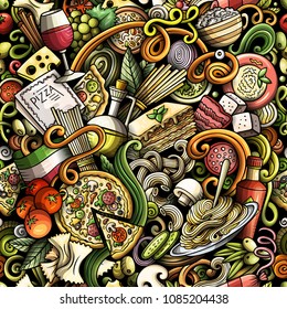 Cartoon cute doodles hand drawn Italian Food seamless pattern. Colorful detailed, with lots of objects background. Endless funny vector illustration. All objects separate.