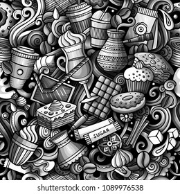 Cartoon cute doodles hand drawn Coffee Shop seamless pattern. Monochrome detailed, with lots of objects background. Endless funny vector illustration. All objects separate.