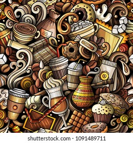 Cartoon cute doodles hand drawn Coffee Shop seamless pattern. Colorful detailed, with lots of objects background. Endless funny vector illustration. All objects separate.