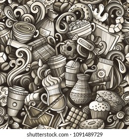 Cartoon cute doodles hand drawn Coffee Shop seamless pattern. Monochrome detailed, with lots of objects background. Endless funny vector illustration. All objects separate.