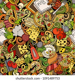 Cartoon cute doodles hand drawn Pizza seamless pattern. Colorful detailed, with lots of objects background. Endless funny vector illustration. All objects separate.