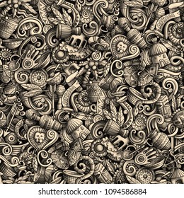 Cartoon cute doodles hand drawn Africa seamless pattern. Monochrome, detailed, with lots of objects background. Endless funny vector illustration. All objects separate.