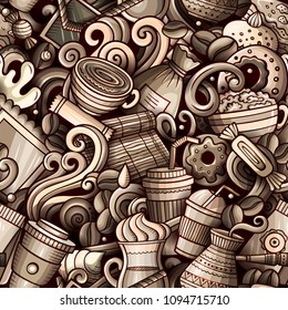 Cartoon cute doodles hand drawn Coffee Shop seamless pattern. Monochrome detailed, with lots of objects background. Endless funny vector illustration. All objects separate.