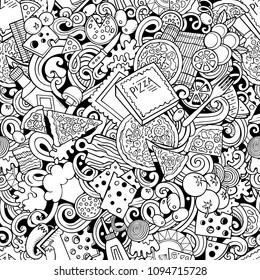Cartoon cute doodles hand drawn Pizza seamless pattern. Line art detailed, with lots of objects background. Endless funny vector illustration. All objects separate.