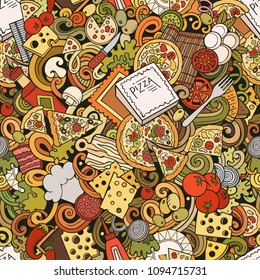 Cartoon cute doodles hand drawn Pizza seamless pattern. Colorful detailed, with lots of objects background. Endless funny vector illustration. All objects separate.