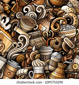 Cartoon cute doodles hand drawn Coffee Shop seamless pattern. Colorful detailed, with lots of objects background. Endless funny vector illustration. All objects separate.