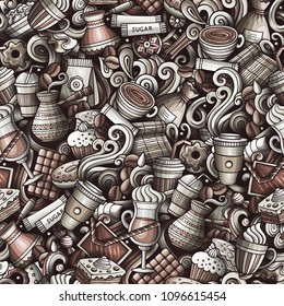 Cartoon cute doodles hand drawn Coffee Shop seamless pattern. Monochrome detailed, with lots of objects background. Endless funny vector illustration. All objects separate.