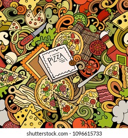 Cartoon cute doodles hand drawn Pizza seamless pattern. Colorful detailed, with lots of objects background. Endless funny vector illustration. All objects separate.