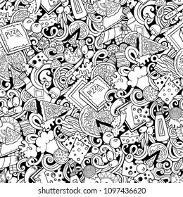 Cartoon cute doodles hand drawn Pizza seamless pattern. Line art detailed, with lots of objects background. Endless funny vector illustration. All objects separate.