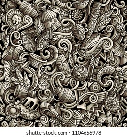 Cartoon cute doodles hand drawn Africa seamless pattern. Monochrome, detailed, with lots of objects background. Endless funny vector illustration. All objects separate.