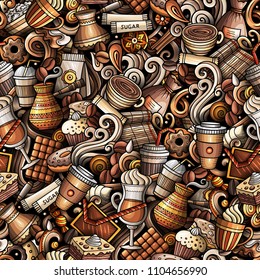 Cartoon cute doodles hand drawn Coffee Shop seamless pattern. Colorful detailed, with lots of objects background. Endless funny vector illustration. All objects separate.