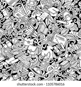 Cartoon cute doodles hand drawn School seamless pattern. Line art detailed, with lots of objects background. Endless funny vector illustration. All objects separate.