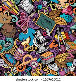 Cartoon cute doodles hand drawn School seamless pattern. Colorful detailed, with lots of objects background. Endless funny vector illustration. All objects separate.
