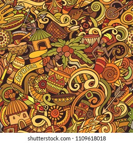 Cartoon cute doodles hand drawn Africa seamless pattern. Colorful detailed, with lots of objects background. Endless funny vector illustration. All objects separate.