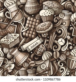 Cartoon cute doodles hand drawn Coffee Shop seamless pattern. Monochrome detailed, with lots of objects background. Endless funny vector illustration. All objects separate.