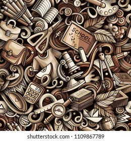Cartoon cute doodles hand drawn School seamless pattern. Monochrome detailed, with lots of objects background. Endless funny vector illustration. All objects separate.