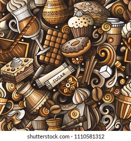 Cartoon cute doodles hand drawn Coffee Shop seamless pattern. Colorful detailed, with lots of objects background. Endless funny vector illustration. All objects separate.