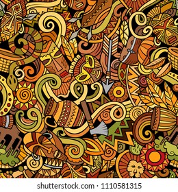Cartoon cute doodles hand drawn Africa seamless pattern. Colorful detailed, with lots of objects background. Endless funny vector illustration. All objects separate.