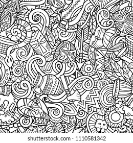 Cartoon cute doodles hand drawn Africa seamless pattern. Line art, detailed, with lots of objects background. Endless funny vector illustration. All objects separate.