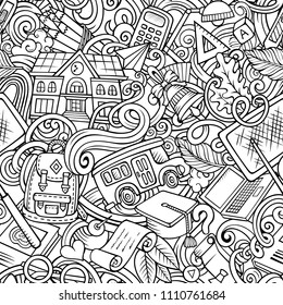 Cartoon cute doodles hand drawn School seamless pattern. Contour detailed, with lots of objects background. Endless funny vector illustration. All objects separate.