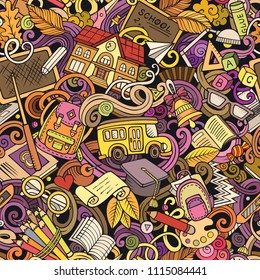 Cartoon cute doodles hand drawn School seamless pattern. Colorful detailed, with lots of objects background. Endless funny vector illustration. All objects separate.