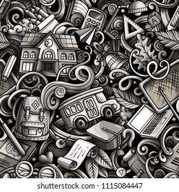 Cartoon cute doodles hand drawn School seamless pattern. Monochrome detailed, with lots of objects background. Endless funny vector illustration. All objects separate.