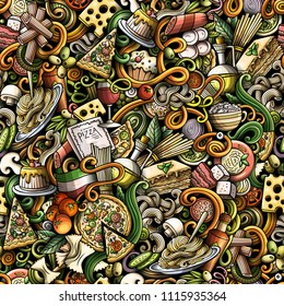 Cartoon cute doodles hand drawn Italian Food seamless pattern. Colorful detailed, with lots of objects background. Endless funny vector illustration. All objects separate.