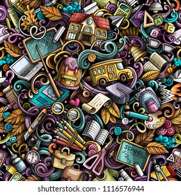 Cartoon cute doodles hand drawn School seamless pattern. Colorful detailed, with lots of objects background. Endless funny vector illustration. All objects separate.