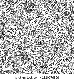 Cartoon cute doodles hand drawn Africa seamless pattern. Line art, detailed, with lots of objects background. Endless funny vector illustration. All objects separate.