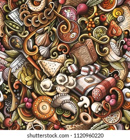 Cartoon cute doodles hand drawn Slavic food seamless pattern. Colorful detailed, with lots of objects background. Endless funny vector illustration. All objects separate.